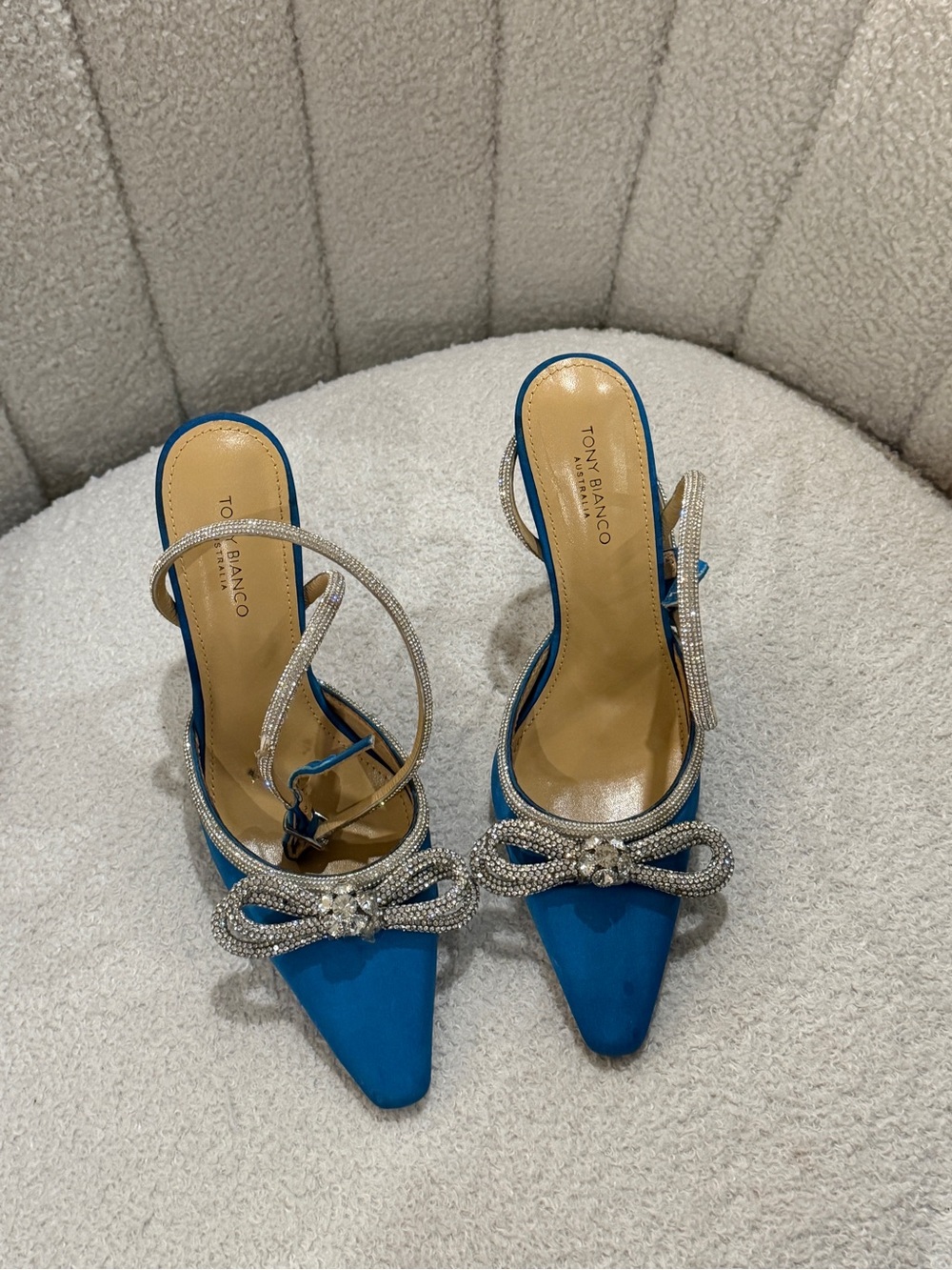 Tony Bianco Teal-Blue Crystal Bow Slingback Pumps